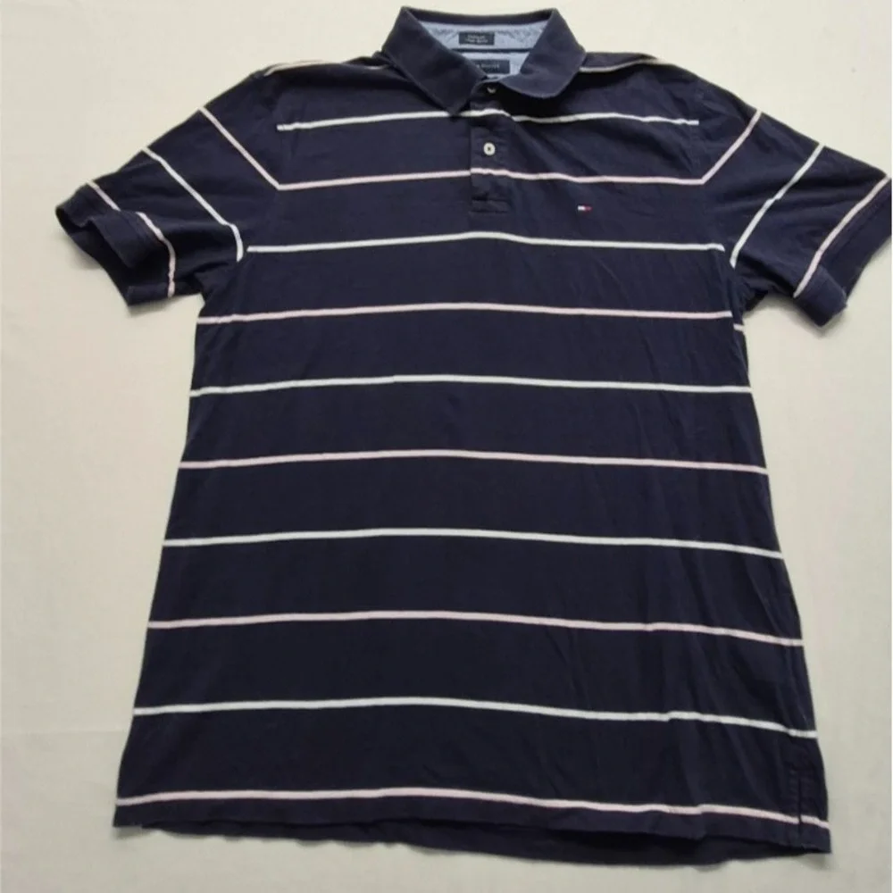 Tommy Hilfiger men's navy blue‎ striped polo shirt XL 100% Cotton Custom Fit